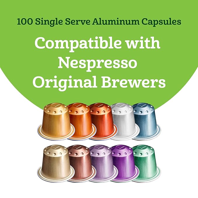Amazon Fresh Espresso Dark, Medium & Light Roast Aluminum Capsules, Variety Pack, Compatible with Nespresso Original Brewers, 100 Count (10 Packs of 10)