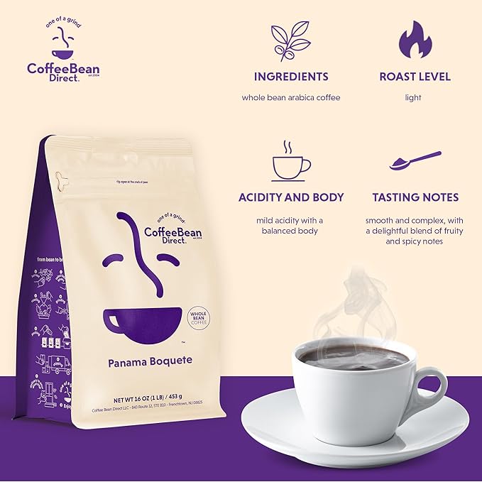 Coffee Bean Direct Panama Boquete, Whole Bean Coffee, Light Roast, 1 Pound Bag (Pack of 1)