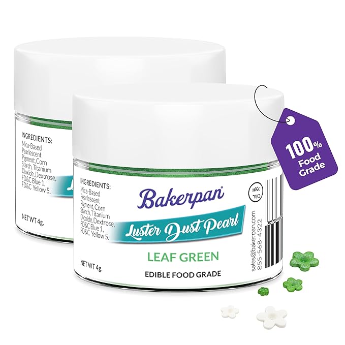 Bakerpan Pearl Luster Dust Edible, Leaf Green Edible Glitter for Cocktails, Set of 2-4 Grams Glitter for Cake Decorating, Cookies, Chocolates and Candies, Drinks (Made in USA)