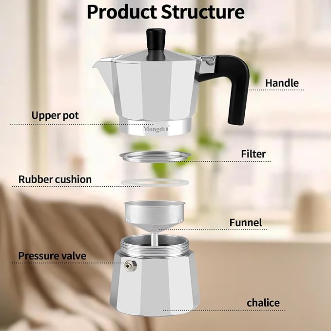 Mongdio Stovetop Espresso Maker Moka Pot, Stove Top Cuban Coffee Maker, Italian Greca Mocha Pot, 3 Espresso Cups, 5 oz - Silver