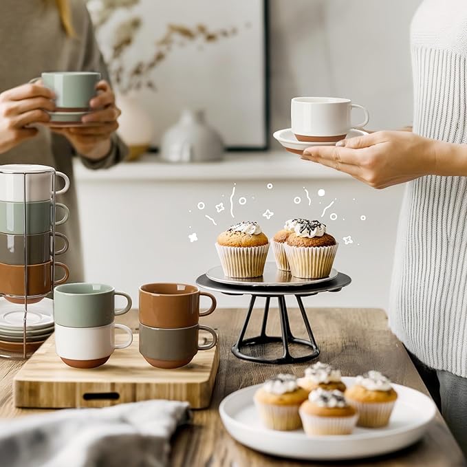 Sweese 8 Ounce Cappuccino Cups Set of 4, Porcelain Stackable Coffee Cups with Saucers and Metal Stand, Multicolor
