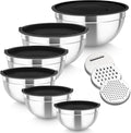 TeamFar Mixing Bowls Set of 6, Stainless Steel Nesting Mixing Salad Bowl with 3 Grater Attachments, for Food Cooking Prepping Storing, Black - Size 4.6/2.6/2 / 1.5/1 / 0.7 QT