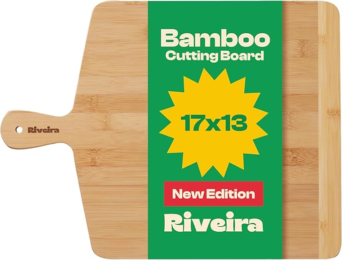 Riveira Two Tone Bamboo Wood Cutting Board – Gourmet Bamboo Grandeur: 17 x 13 Wooden Cutting Board – Wooden Cutting Boards For Kitchen Decorative – Innovative Juice Grooves Wooden Chopping Board