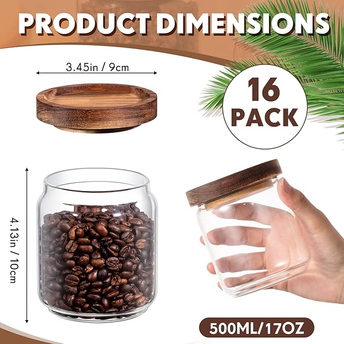 Irenare 16 Pcs 17 oz/ 500 ml Glass Canister Food Airtight Sealed Clear Borosilicate Glass Storage Jars with Lids Kitchen Spice Containers for Serving Coffee Sugar Tea Beans Candy Nuts Pantry (Wood)