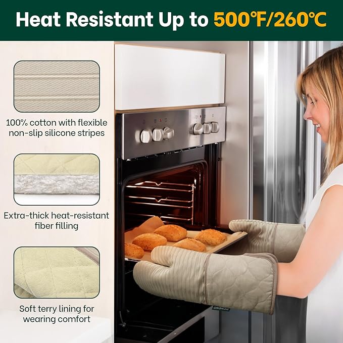 Beneno Kitchen Oven Mitts 2-Pack Heat Resistant to 500°F with Non-Slip Silicone Grip, Extra Long 14.3" Forearm Protection, Soft Quilted Cotton Terry Lining, Ideal for Cooking, Baking, Grilling, Beige