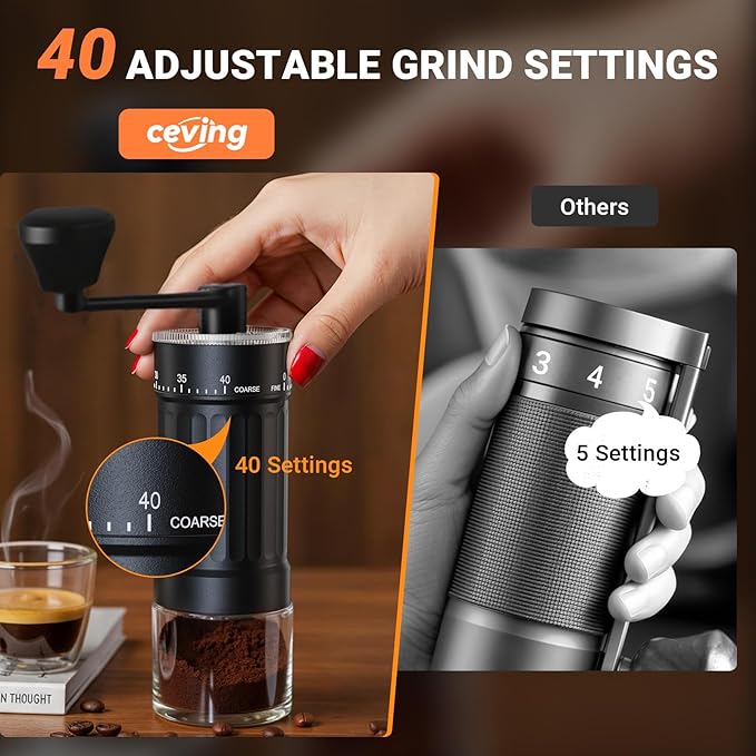 Mini Manual Coffee Grinder with CNC Stainless Steel Conical Burr & 40 Adjustable Settings, Portable Hand Coffee Bean Mill with 30g Capacity & Crank, Great for Travel, Camping, Espresso, Pour Over, etc
