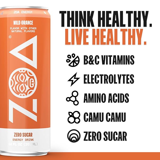 ZOA Zero Sugar Energy Drinks, Wild Orange - Sugar Free with Electrolytes, Healthy Vitamin C, Amino Acids, Essential B-Vitamins, and Caffeine from Green Tea - 12 Fl Oz (12-Pack)