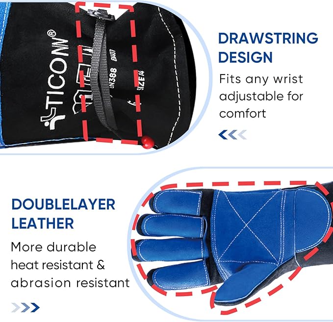 TICONN Welding Gloves, 1000°F Heat-Resistant Fireproof Leather Gloves for Welders, Stick, Forge, Mig, Tig, BBQ, Baking, Oven