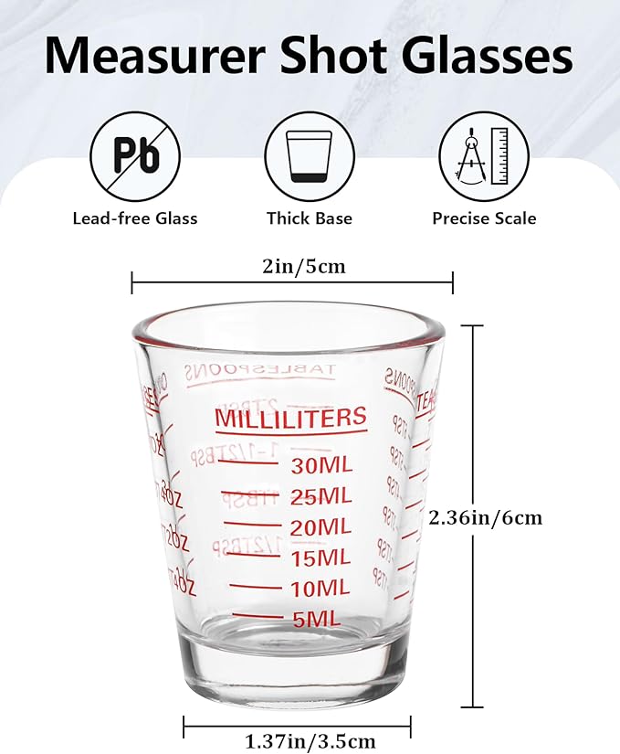 Shot Glasses Measuring Cup Set 6 Pack Espresso Shot Glasses Liquid Heavy Glass 26-Incremental Measurement 1 OZ, 2 TBS, 6 TSP, 30 ML Kitchen Tools
