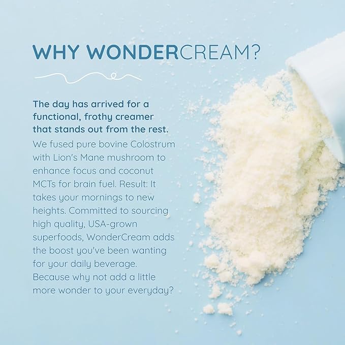 WONDERCOW Bovine Colostrum Superfood Creamer Supplement Powder w/Organic Lions Mane Mushroom & Coconut Milk Powder MCTs | Functional Sugar Free Keto Coffee, Smoothie & Drink Mix Unsweetened