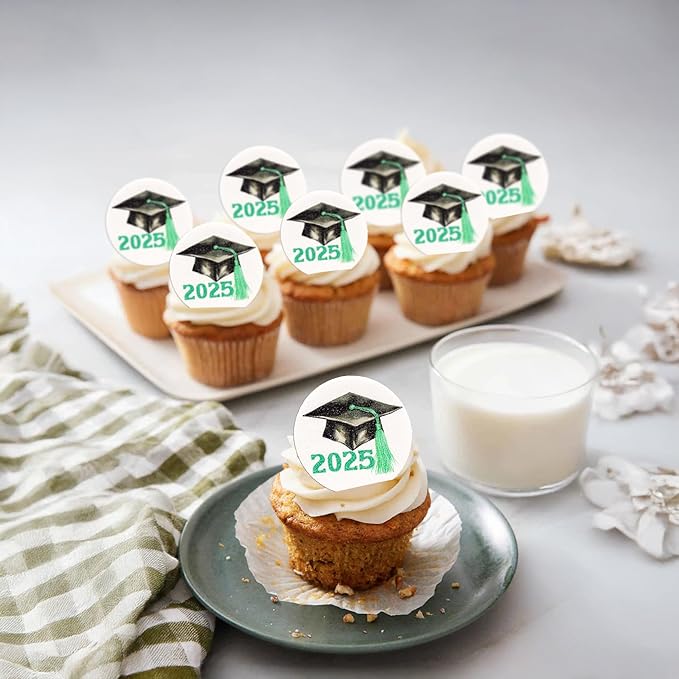 Gyufise 48Pcs Edible 2025 Graduation Theme Cupcake Toppers Wafer Paper Graduation Hat Graduate Cupcake Picks Green