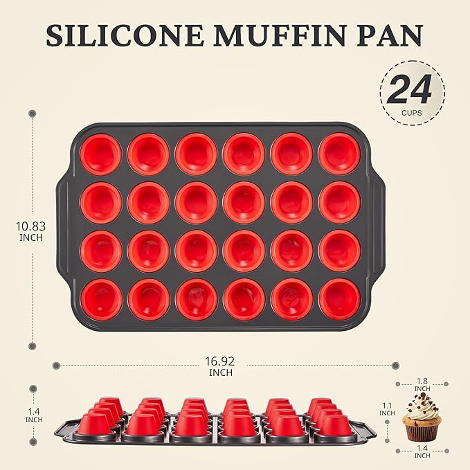 BRONYPRO Silicone Mini Muffin Pan with Metal Frame, Egg Bite Molds for Baking for Baking, Cupcake Pans 24 Regular Size, Muffin Tins Easy to Pop Nonstick Non Toxic Bakeware for Oven,Red