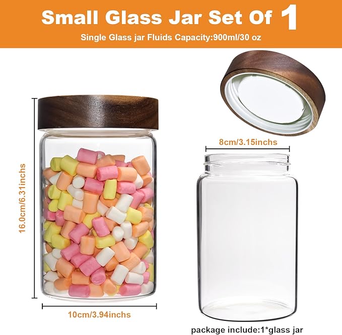 Glass Coffee Jars Spice Jar Round Storage Canister with Wooden Lid Clear Glass Food Jar for Pantry Sugar Tea Coffee Bean Spice Nuts Cookies Bath Salts (900ml/30oz-1 pack)