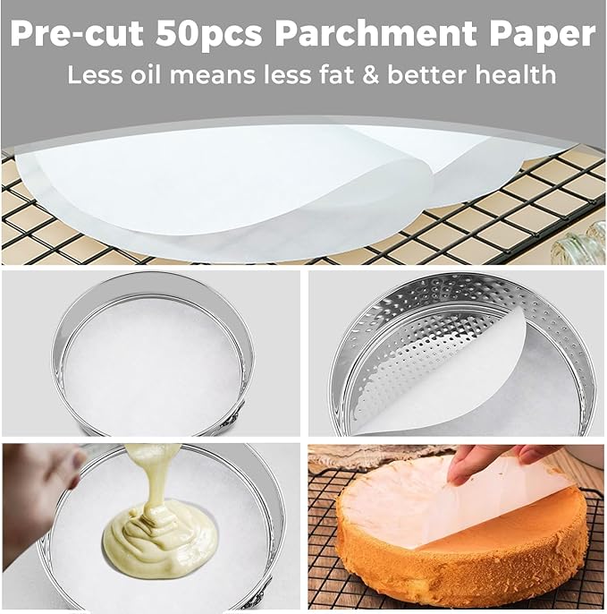 Stainless Steel Springform Pan 9 Inch Nonstick, Leakproof Cheesecake Pan with Pan Protector, Spring Form Pan for Cheesecake, 9 Inch Springform Cake Pan, Cheese Cake Pans for Baking & 50Pcs Parchment
