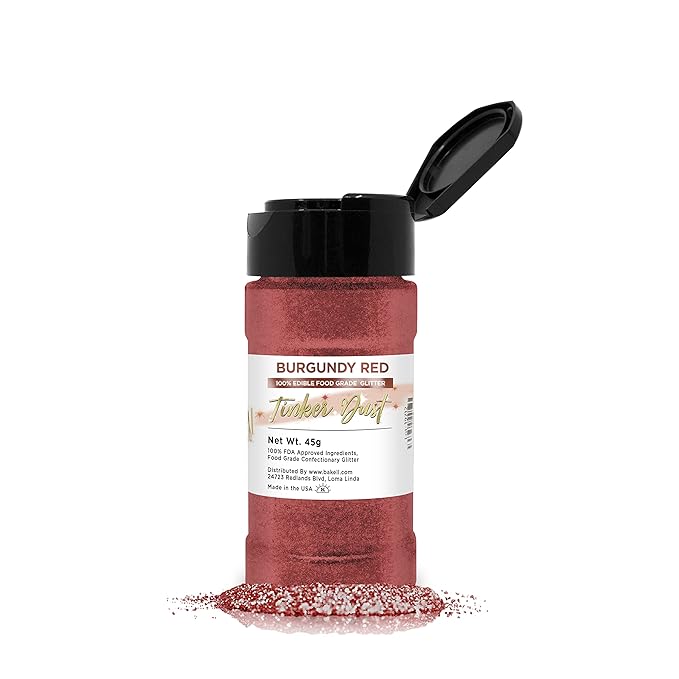 BAKELL Burgundy Red Edible Glitter, 45 Grams | TINKER DUST Edible Glitter | KOSHER Certified | 100% Edible Glitter | Cakes, Cupcakes, Cake Pops, Drinks, Dessert Vegan Glitter & Dusts (45g Shaker, Burgundy Red)
