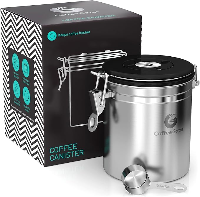 Coffee Gator Coffee Canister, Airtight 16oz Stainless Steel and 4oz Borosilicate Glass Jar Travel Kitchen Food Storage Container with Date Tracker, Scoop for Grounds, Beans, Sugar, Tea, Cookies