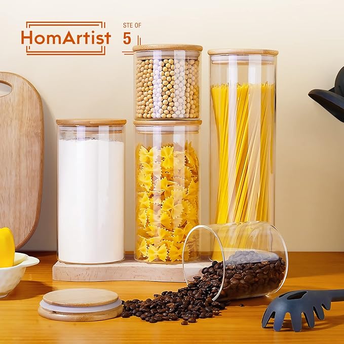 Glass Jars with Bamboo Lids [Muti Size Set of 5], Glass Canisters with Airtight Lids, Glass Food Storage Containers for Pasta, Oats, Coffee, Flour, Sugar, Rice, Best for Kitchen & Pantry