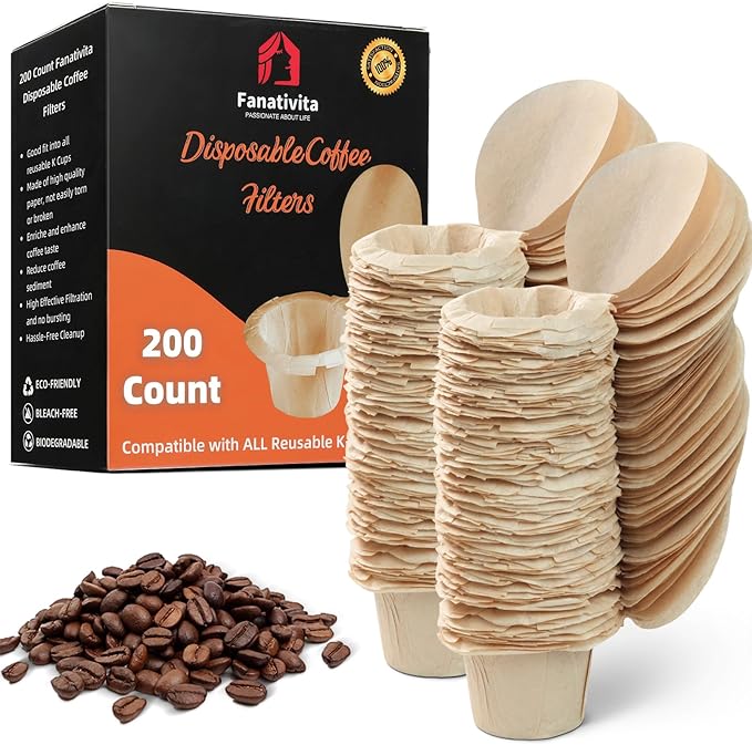 200 Count Fanativita K Cup Filters Disposable with Genius Lid Design, Fit All Reusable K Cups for Keurig (Unbleached)