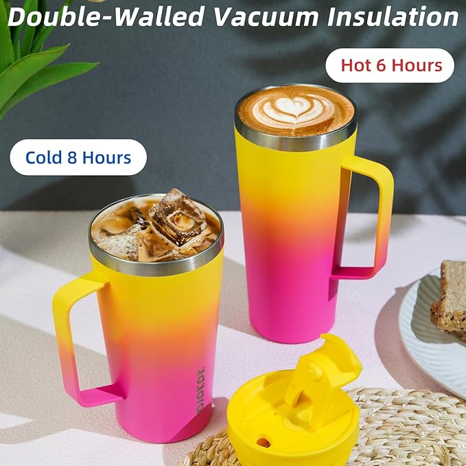 BJPKPK Insulated Tumbler with Handle, 30oz Insulated Tumblers with Lid and Straw, Stainless Steel Metal Water Bottles, Coffee Travel Mugs, Cups, Pink & Yellow Rose