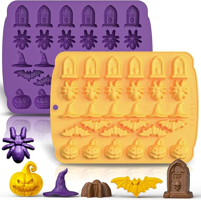 Halloween Chocolate Mold Silicone,30 Cavity Candy Gummy Mold with Pumpkin Wizard Hat Bat Spider Tombstone for Baking Chocolate Jelly Gummy Dessert