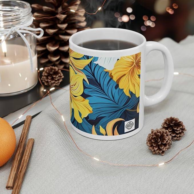 11 OZ Novelty Coffee Mugs - Christmas Gift (White & Yellow Flower Mug)