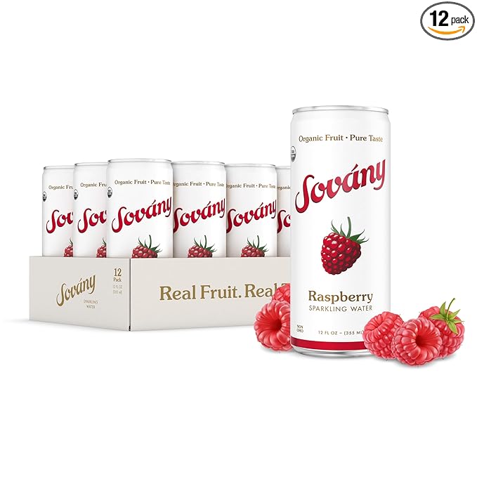 Sovány Sparkling Water, Raspberry, Seltzer Water Drinks, USDA Organic, Made With Real Fruit, Non-GMO, Vegan, No Added Sugar, Low Calorie, 12 fl oz, 12 Pack