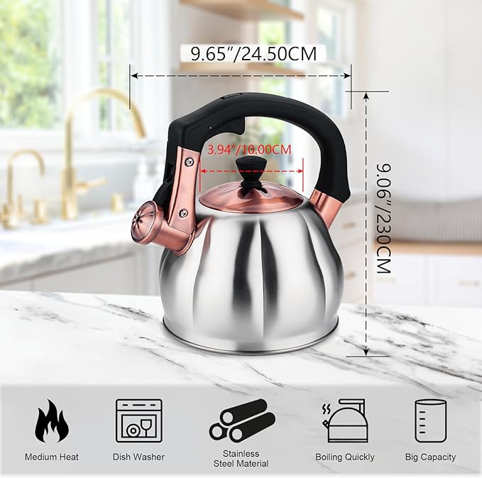Stainless Steel Tea Kettle for Stove Top Teakettles Stovetop Whistling with Heat Proof Ergonomic Handle 2.5 Quart
