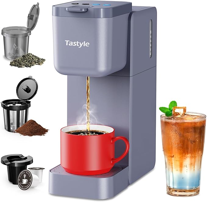 Single Serve Coffee Maker for K Cup, Ground and Tea, Hot and Iced Coffee Machines with Bold Setting, 6 to 16 Oz Brew Sizes, Compact for Small Spaces, Gray (2.0 Version)