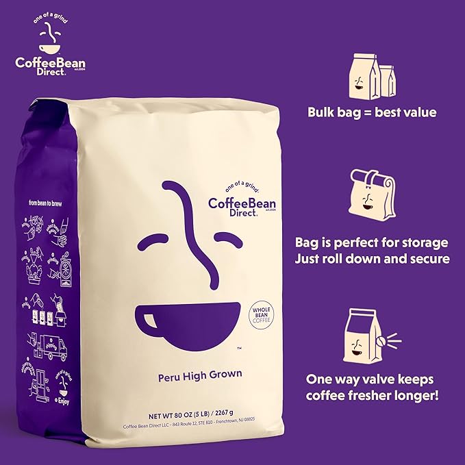 Coffee Bean Direct Peru High Grown, Whole Bean Coffee, 5-Pound Bag