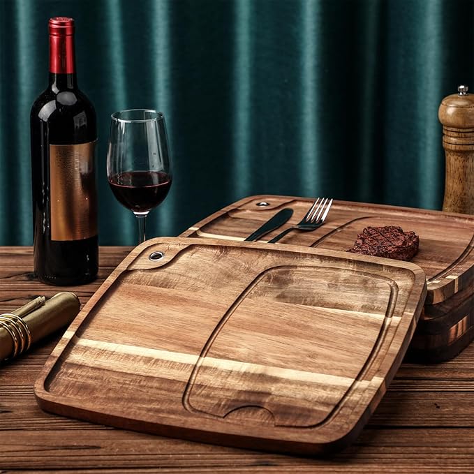 Uiifan 6 Pcs Steak Plates with Juice Channel Wooden Steak Board Set Acacia Cutting Serving Board for Home Serving Eating Meat Dishes Snack Dessert, 13 x 11 x 0.6 Inch
