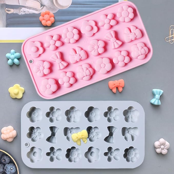 2 Pcs Flowers Silicone Chocolate Molds, 18-Cavity Different Flowers Bow Shape Molds Trays for Candy Chocolate Gummies Baking Jello Ice Cube Pudding Soap Cookie Desserts Making