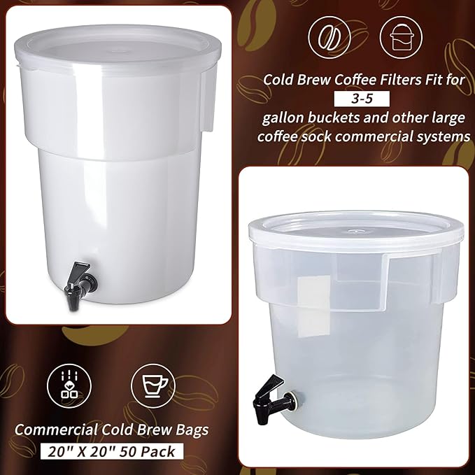 50Pcs Commercial Cold Brew Coffee Filters for 5 Gallon Buckets, 20" X 20" Disposable Coffee Filters with Drawstring for Brew Up To 5 LBS Coffee