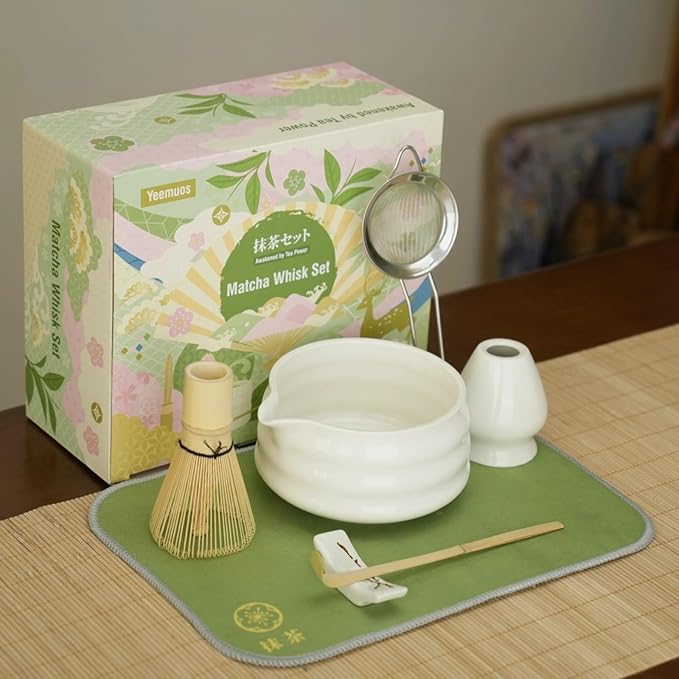 Matcha whisk Set,7 Pcs Matcha Making Kit with whisk Whisk, Ceramic Bowl, Sifter, Scoop, Holder, Stand, and Tea Towel for Ultimate Matcha Experience（White）