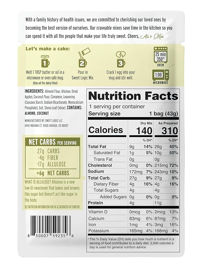 Sweet Logic Keto Dessert Mug Cake Mixes - Apple Cinnamon Muffin - Low Sugar Gluten-Free - Low Carb - Diabetic-Friendly Sweets - Natural Ingredients - High Protein - Delicious Keto Treats (4 Pack)