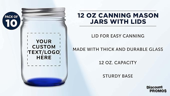 DISCOUNT PROMOS 10 Decorating Mason Jars Set, 12 oz. - Customizable Text, Logo - Canning, Aluminum Lid - Blue