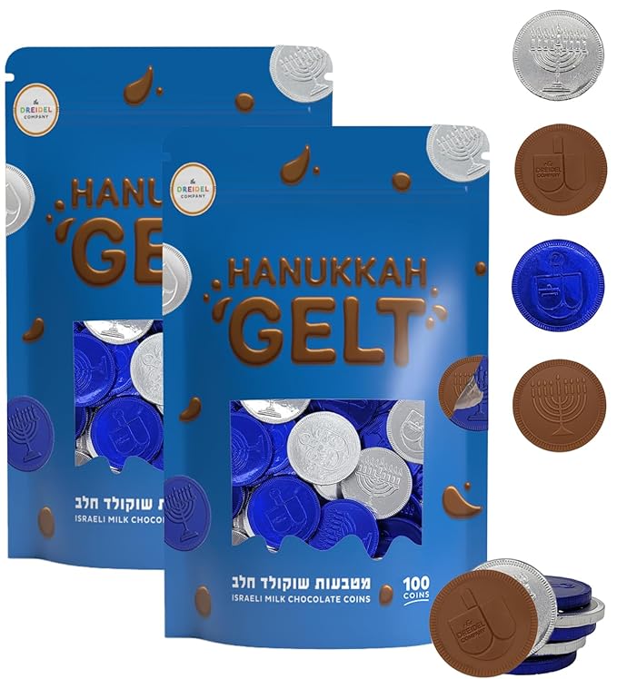 The Dreidel Company Blue & Silver Hanukkah Milk Chocolate Coins, Hanukkah Design Gelt, Gluten Free, Non GMO, Kosher Certified OU-D (200-Pack)