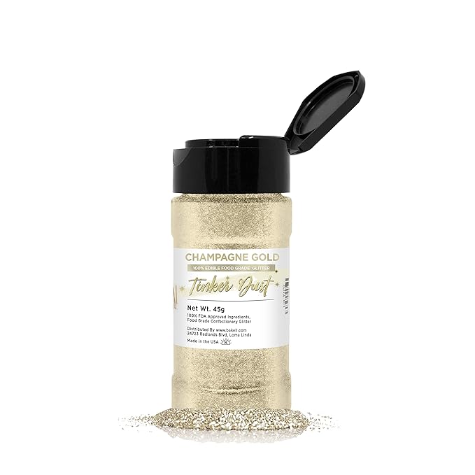 BAKELL Champagne Gold Edible Glitter, 45 Grams | TINKER DUST Edible Glitter | KOSHER Certified | 100% Edible Glitter | Cakes, Cupcakes, Cake Pops, Drinks, Dessert Vegan Glitter & Dusts (45g Shaker, Champagne Gold)