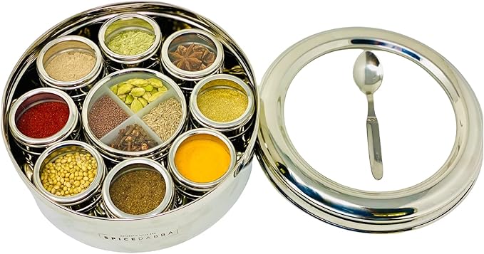 spice dabba Stainless Steel Indian Spice Box,Steel Masala Dabba 12 Spices,Lid Spice Box,Authentic Spices,Masala Box with Individual containers|Size 9 x 9 x 3 IN 3 LB (Indian Spice Box with Spices)
