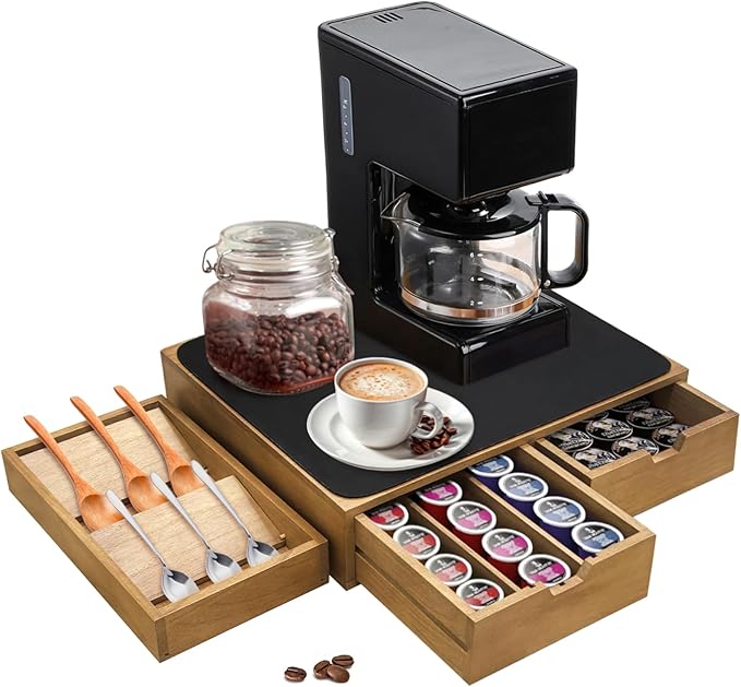 Mosucoirl Wooden K Cup Holder Organizer,Coffee Cup Drawer With Coffee Mat Coffee Pod Holder Tea Bag Storage Organizer Counter Coffee Maker Stand for Kitchen Office Coffee Bars