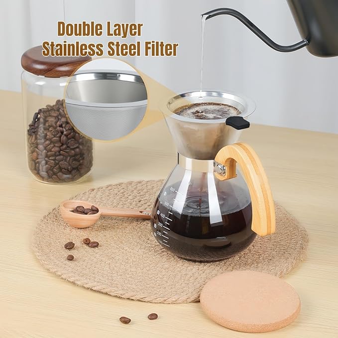 Pour Over Coffee Maker Set, with Double-Layer Stainless Filter and Wooden Handle, 20 oz 600ml Thickened Borosilicate Glass Pour Over Coffee Dripper for Home Café