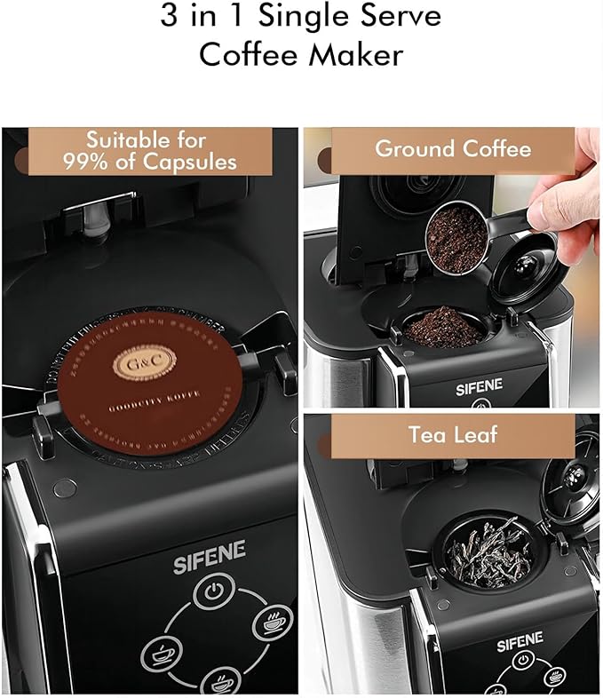 SIFENE Single Serve Coffee Maker, 3-in-1 Quick Brew for Coffee Pods, Ground Coffee, & Loose Tea, 6-12oz Cup Sizes, 50oz Removable Water Tank, 1150W, Compact, Black