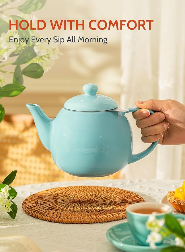Sweese Teapot, Porcelain Tea Pot with Stainless Steel Infuser, Blooming & Loose Leaf Teapot - 27ounce, Turquoise