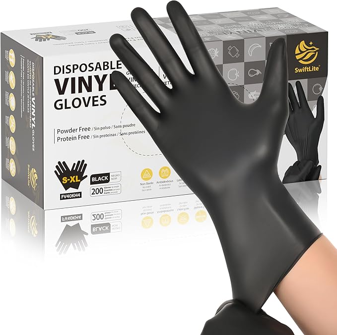 Black Vinyl Gloves, Food Grade Gloves Disposable Latex Free & Powder Free, Guantes for Cleaning Cooking Food Prep