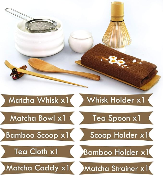 Artcome 10-Piece Japanese Matcha Tea Set - Matcha Bowl, Whisk, Scoop, Spoon, Cloth, Bamboo Holder, Powder Caddy, Strainer (White)