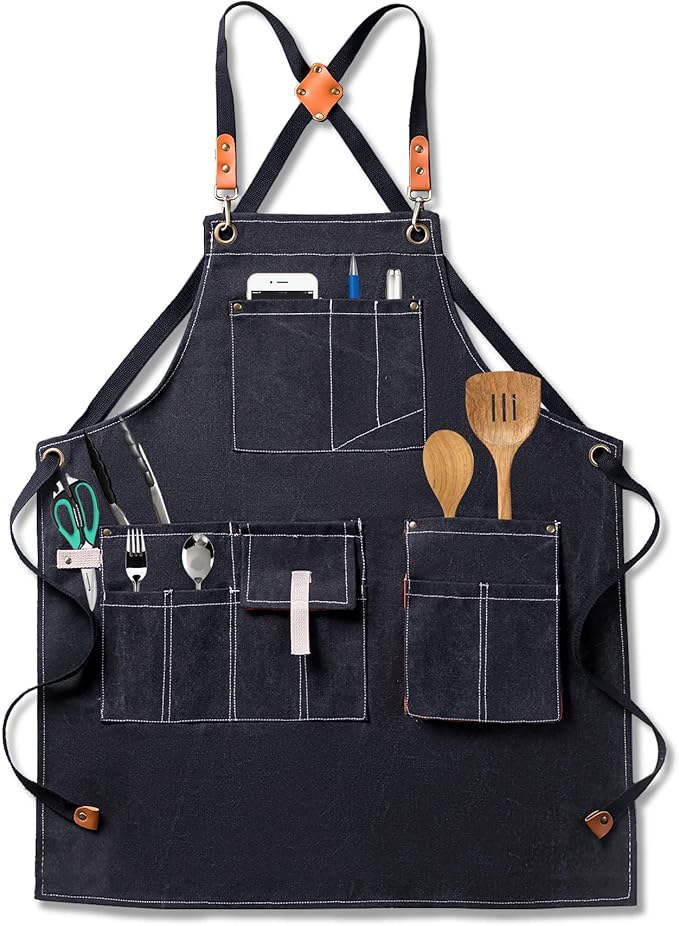 Canvas Aprons for Men Chef Apron, Work Apron with Large Pockets - 16oz Heavy Duty Cross Back, BBQ, Cooking