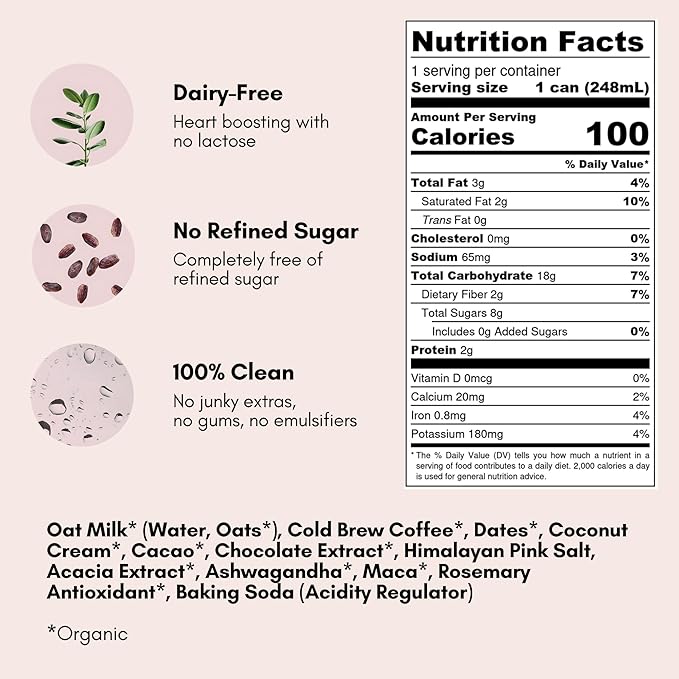 Pop & Bottle, Oat Milk Lattes - Cold Brew with Adaptogens, Maca, Ashwagandha, MCT Oil, Oat Milk, Organic, Dairy Free, Gluten Free, Great as Iced Coffee, Lightly Sweetened with Dates - Mocha, 8 Fl Oz (12 Pack)