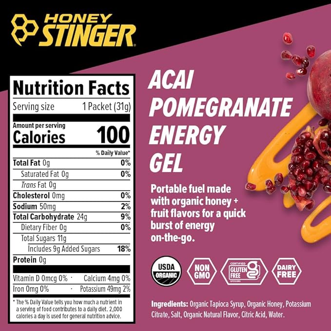 Honey Stinger Organic Acai Pomegranate Energy Gel, Gluten Free & Caffeine Free, for Exercise, Running and Performance, Sports Nutrition for Home & Gym, Pre and Mid Workout, 24 Pack, 26.4 Ounce