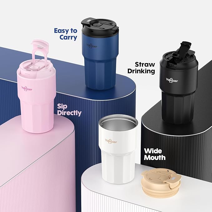 16 oz Coffee Insulated Tumbler with Lid and Flip Straw, Leak-Proof Food Grade 304 Stainless Steel Travel Coffee Mug, Double Wall Vacuum Cup for Hot and Cold Drinks (Gradient Pink)