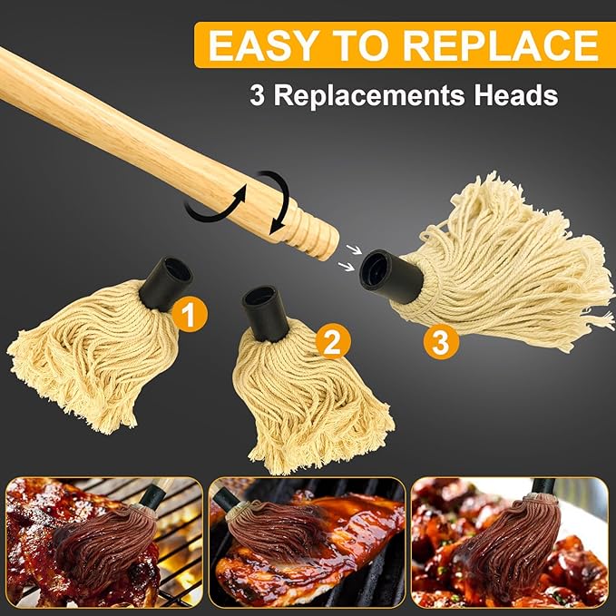 Walfos BBQ Mop Brushes for Sauce, Grilling Basting Mop Wooden Long Handle with 3 Heads, for Grilling, Barbecue, Smoking Steak (18")
