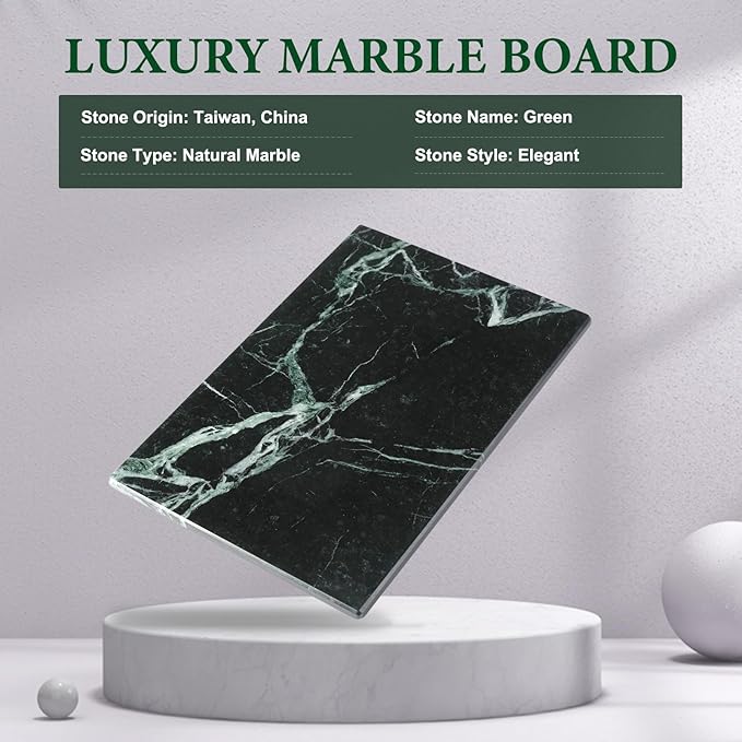 Koville Natural Green Marble Cutting Board for Kitchen Pastry Bread Macaron Display, 12" x 8" Real Stone Slab Marble Cheese Board for Home Countertop, Bathroom Perfume Tray Candle Plate